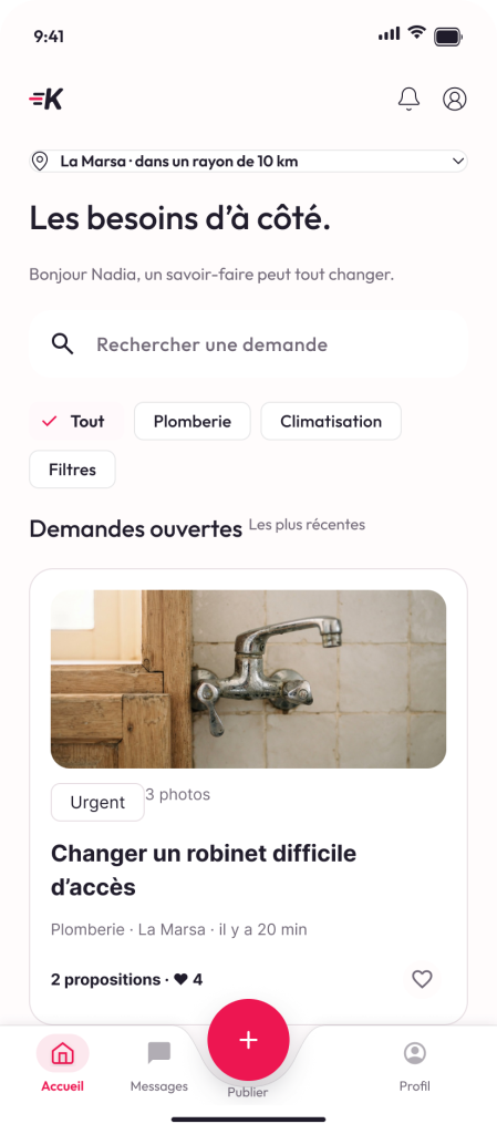 Écran d’accueil de l’application Kwikaide : recherche, filtres et demande « Changer un robinet difficile d’accès »