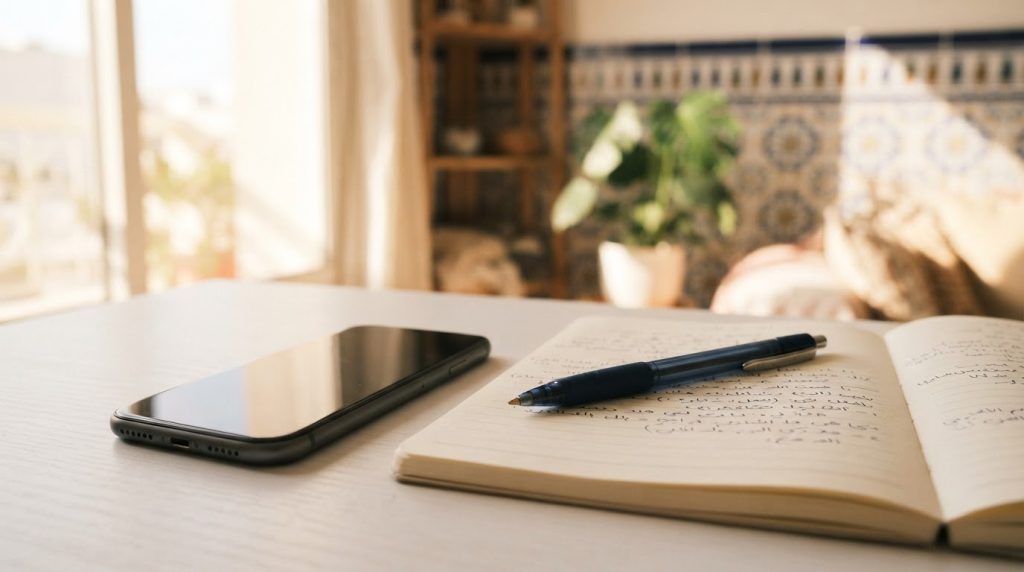 Téléphone et carnet de notes posés sur une table