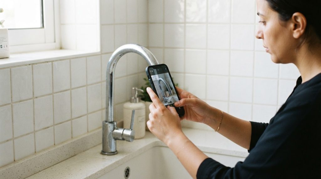 Personne photographiant un robinet de cuisine avec son téléphone