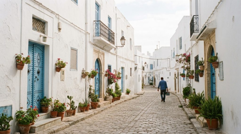 Ruelle pavée bordée de maisons blanches aux portes bleues et de pots de fleurs